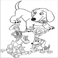 Раскраски с героями из мультфильма История игрушек (Toy Story) - Вуди, Спиралька, Булзай, Джесси и собака