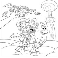 Раскраски с героями из мультфильма История игрушек (Toy Story) - Энди Дэвис играет с Баззом Лайтером, Вуди, Джесси, Булзаем