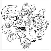 Раскраски с героями из мультфильма История игрушек (Toy Story) - Базз Лайтер, Рекс, Спиралька и Хэмм бегут