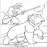 Раскраски с героями из мультфильма Братец медвежонок (Brother Bear) - охота на медведя