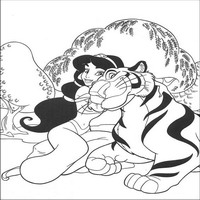 Раскраски с героями из мультфильма Алладин (Alladin) - Жасмин обнимает тигра