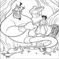 Раскраски с героями из мультфильма Алладин (Alladin) - Джин и Алладин в пещере