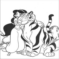 Раскраски с героями из мультфильма Алладин (Alladin) - Тигр ластится к Жасмин