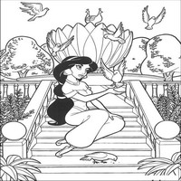 Раскраски с героями из мультфильма Алладин (Alladin) - Жасмин на ступеньках