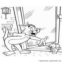 Раскраски с героями из мультфильма Том и Джерри (Tom and Jerry) - вежливость у двери