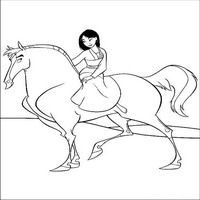 Раскраски с героями из мультфильма Мулан (Mulan) - Мулан катается на коне