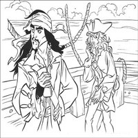 Раскраски с героями из фильма Пираты Карибского моря (Pirates of the Caribbean) - Джек и Элизабет на корабле
